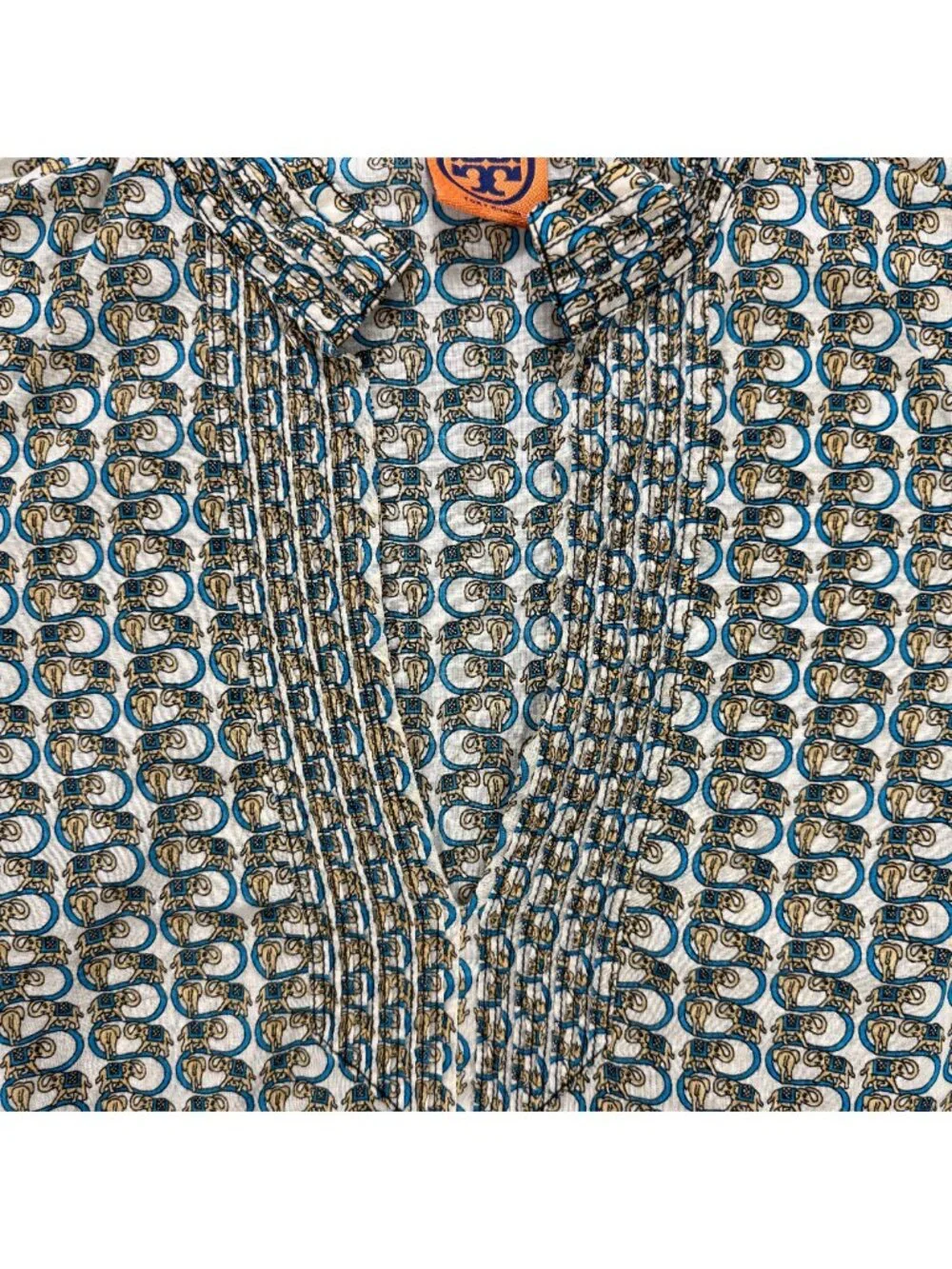 Tory Burch Top Womens 6 Beige Tunic Elephant Print Long Sleeve Blouse Shirt